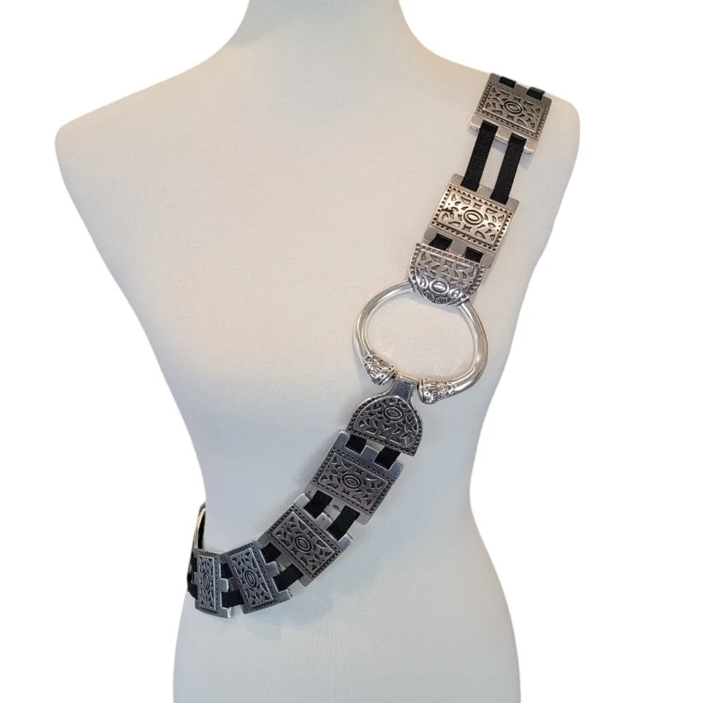 Vtg Silver Tone Belt Womens 2X Metal Squares Elastic Stretch Heavy Artsy Boho‎
